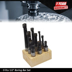 Set of 9 Carbide Tipped Boring Bars for Lathe Tool (1/2" Shank)