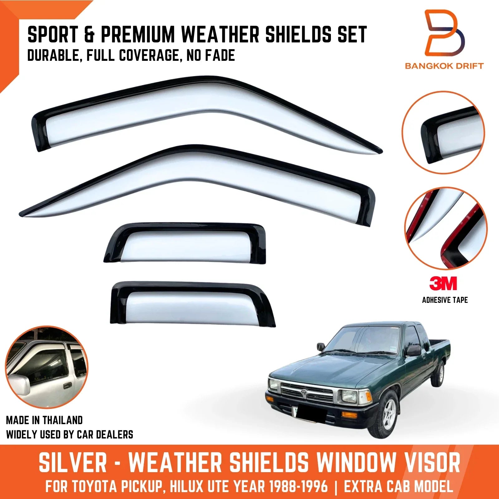 4 x Silver Visor Rain Guard Weather Shield for Toyota Hilux Ute (88-96)