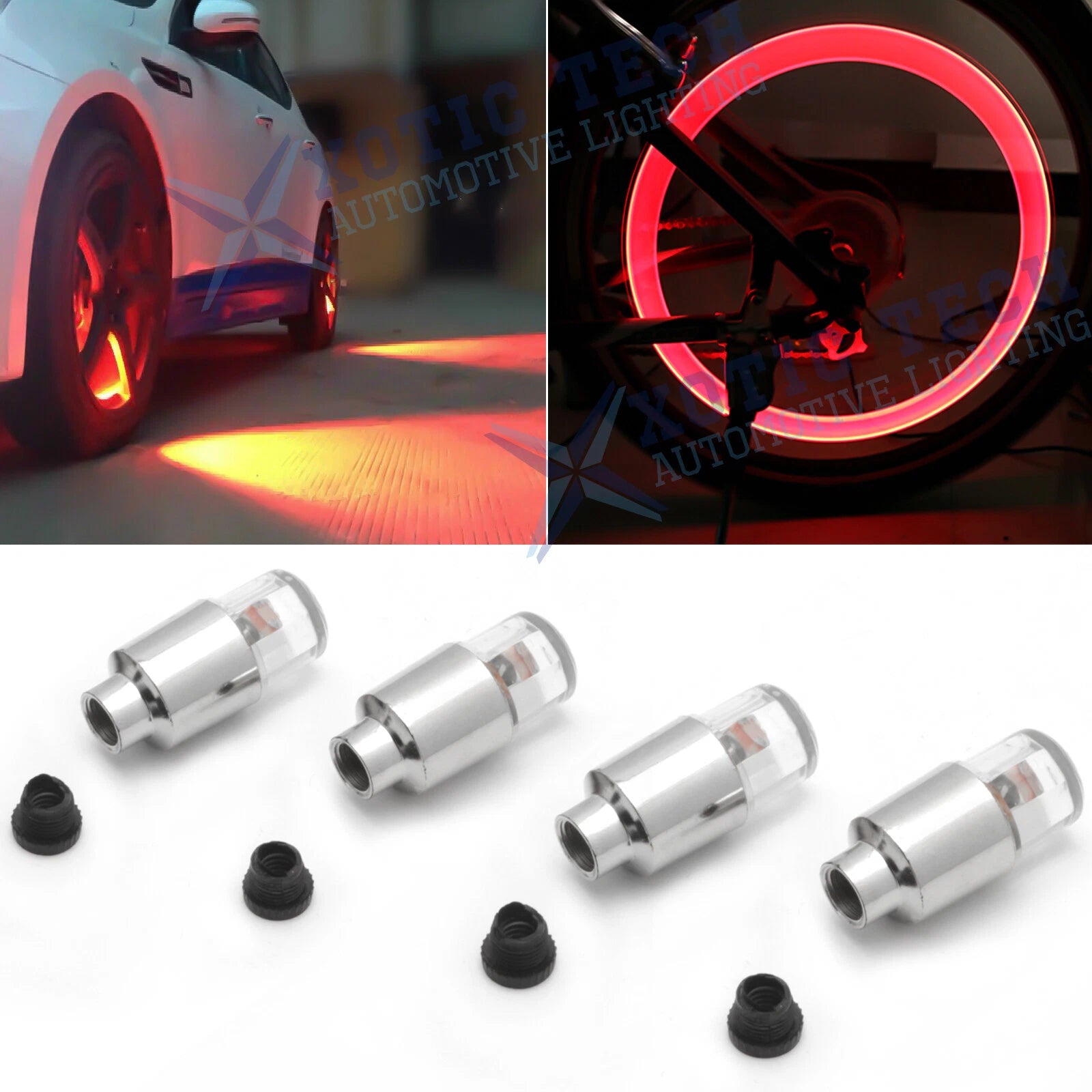 4pcs Red LED Tyre Air Valve Stem Caps Flashing Lights for Universal (–)