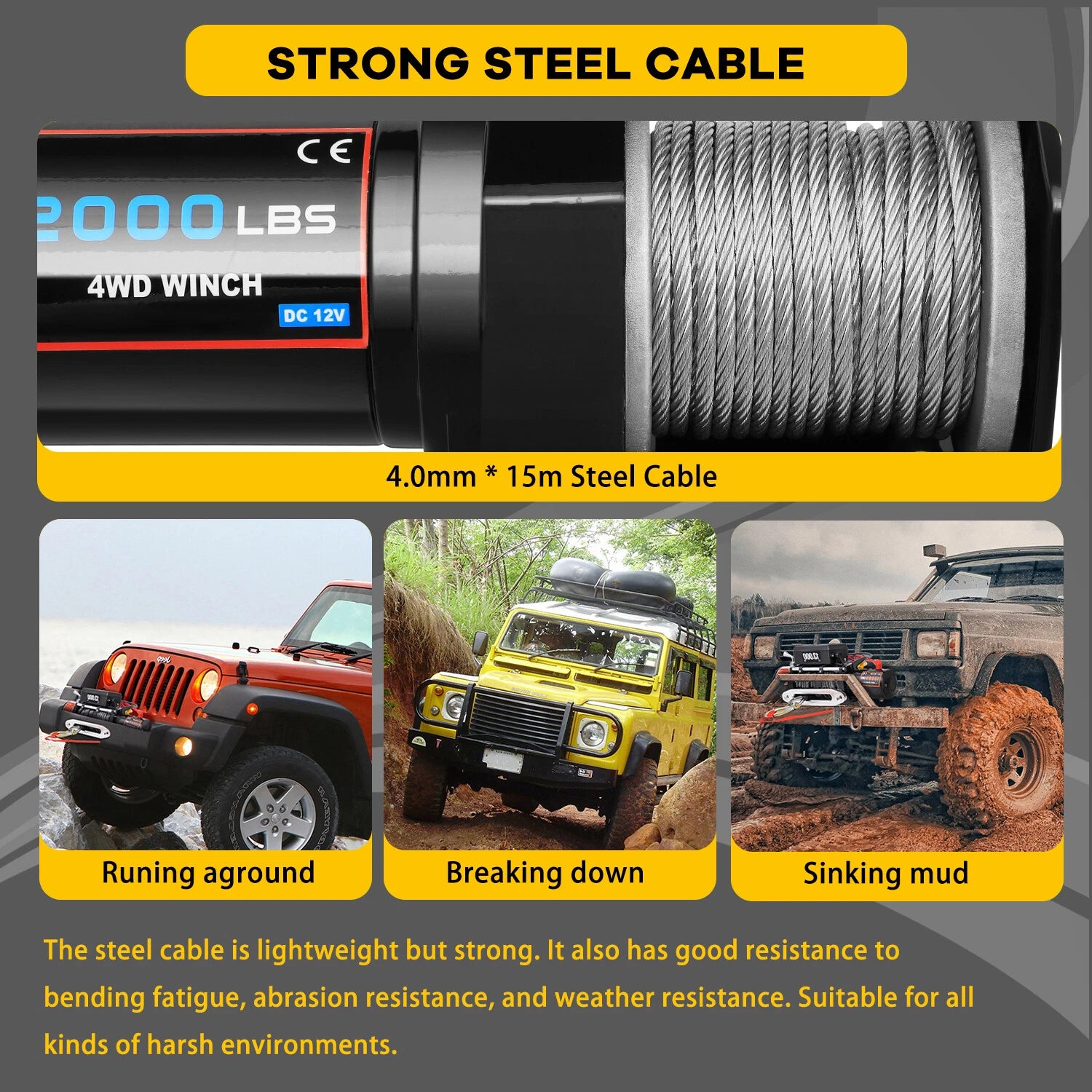 12V Electric Recovery Winch 2000LBS for Trailer Truck SUV