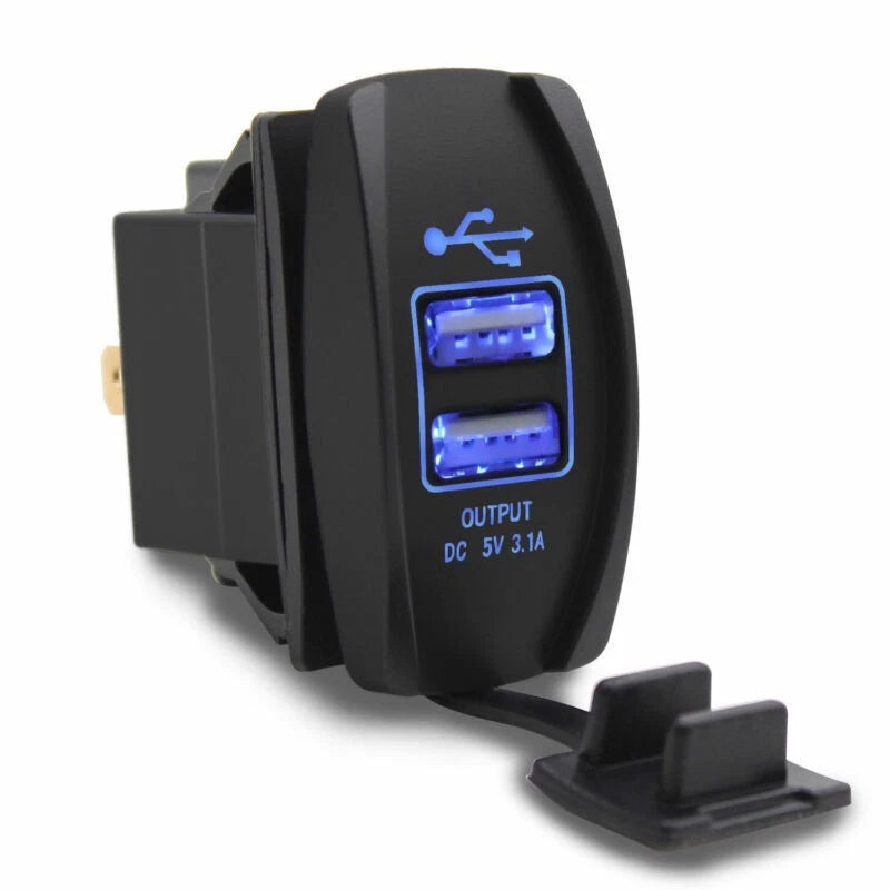 Dual USB Charger with ARB Rocker Switch & Blue LED Light for Car Boat