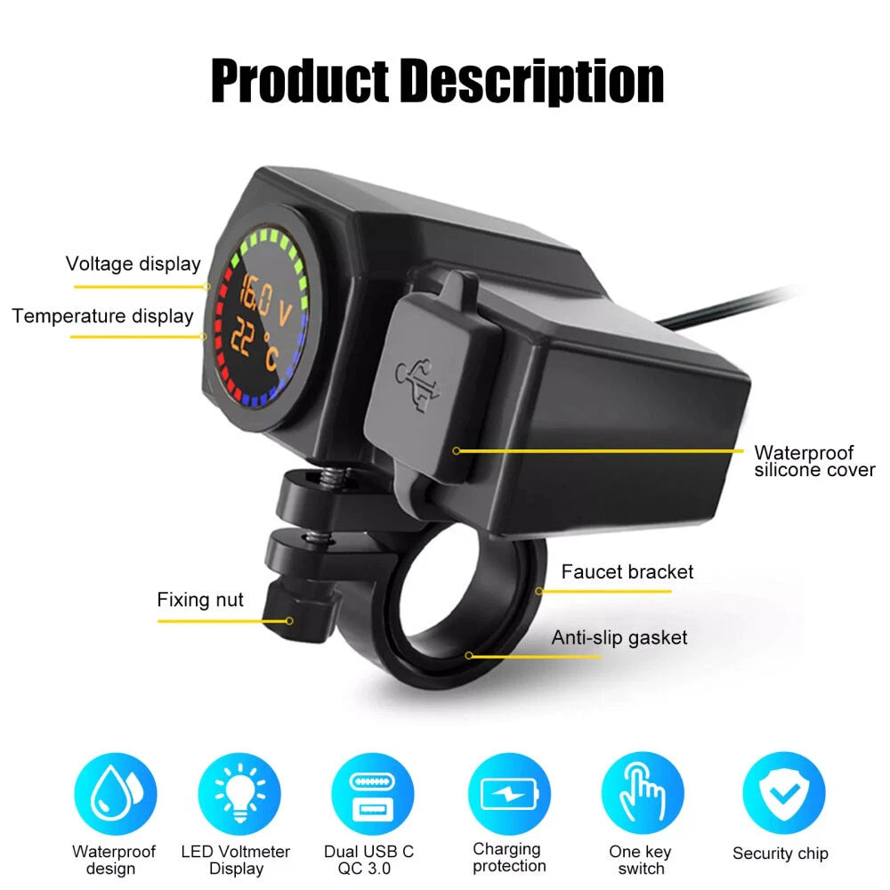 Dual USB Fast Charger Adapter QC 3.0 Type-C for Motorcycle (LED, Waterproof)