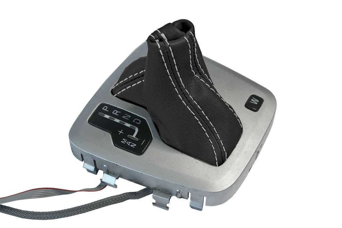 Leather Automatic Shift Boot Cover for Volvo XC90 (2003–2014) Black White Stitch
