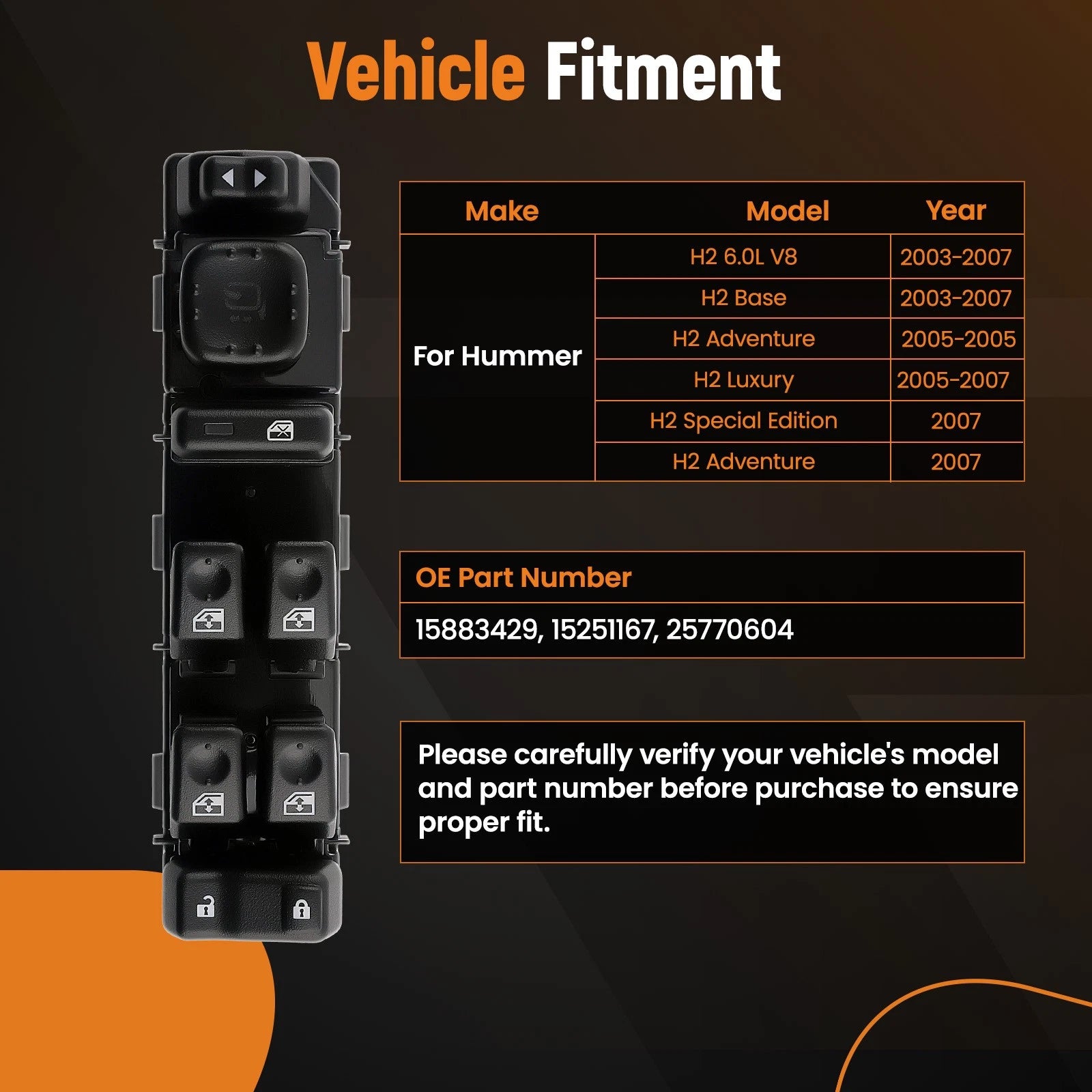 Front Left Master Power Window Control Switch for Hummer H2 (2003–2007)