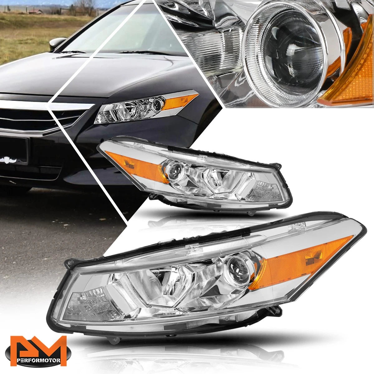 Projector Headlight for Honda Accord Coupe (2008–2012) Chrome Housing Amber Side