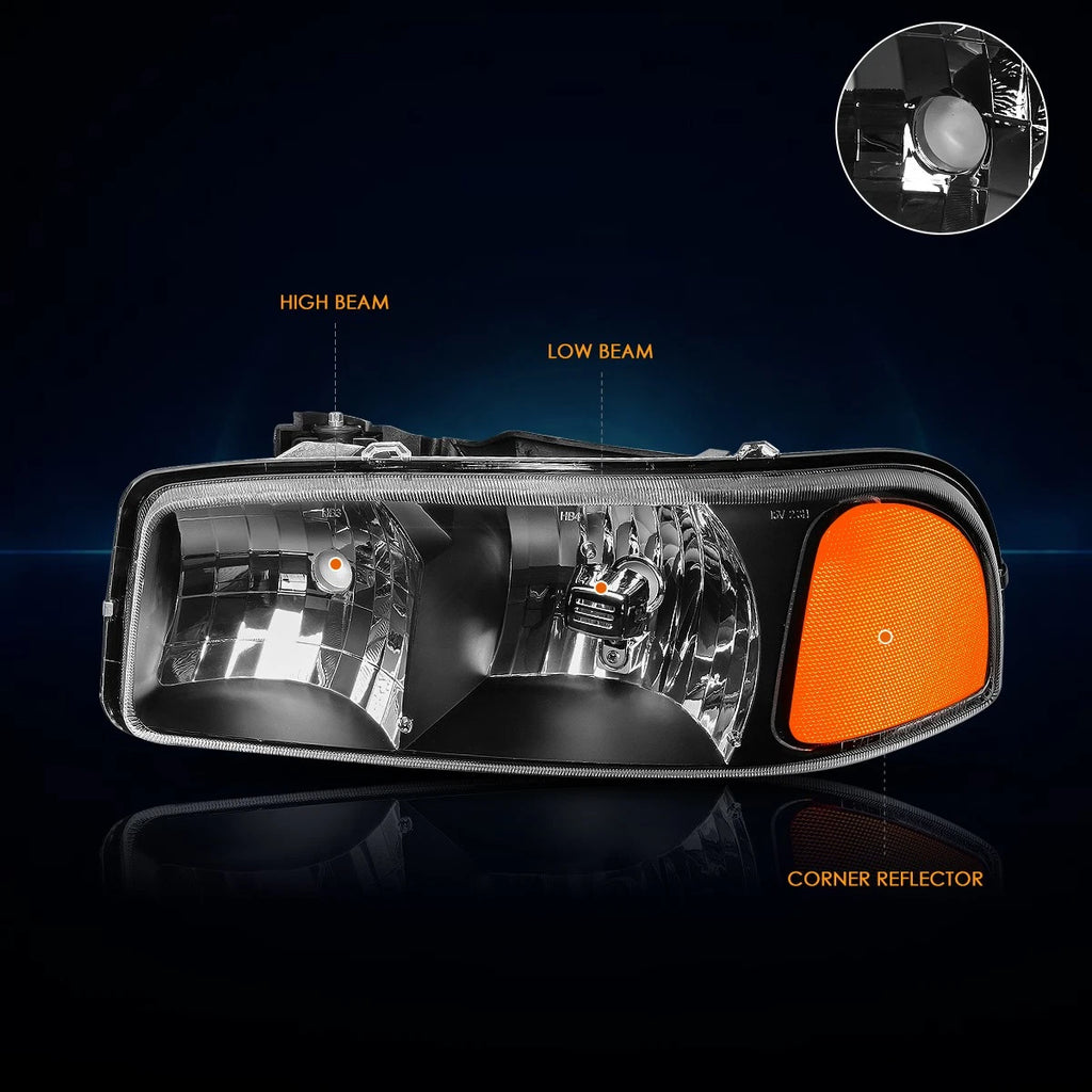 Upper Black Housing Headlight & Amber Side Corner Lamp for GMC Sierra/Yukon (1999–2007)