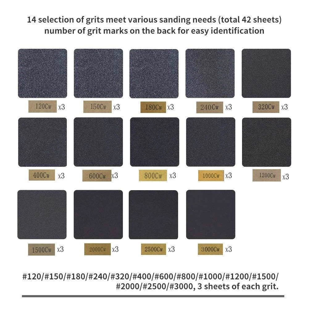 42 Pcs Wet Dry Sandpaper Set 230x93mm Grit 120-3000 for Wood