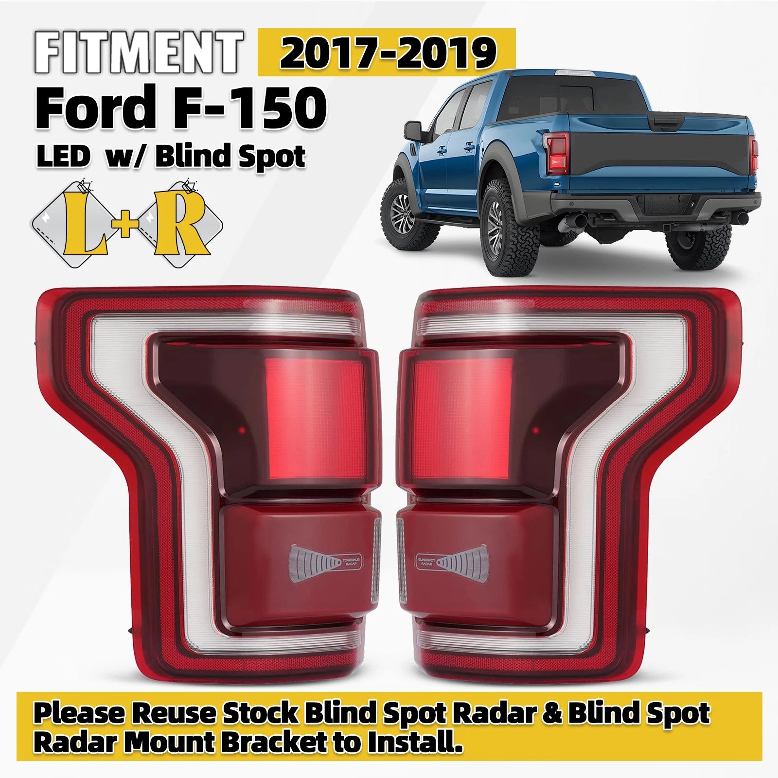LED Tail Lights Pair for Ford F-150 (2017–2020) w/ Blind Spot Smoke Red Lens