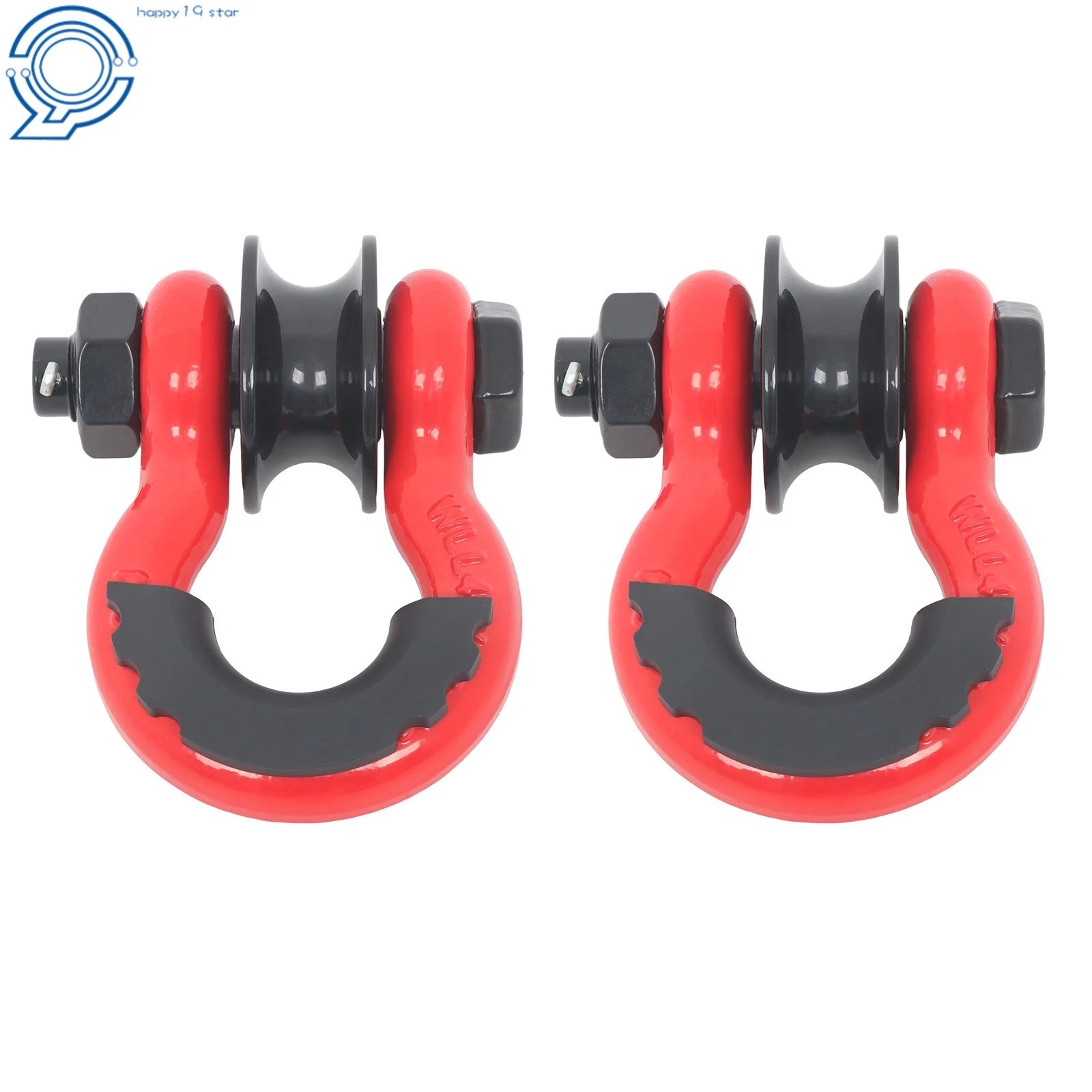 Set of 2 Red 3/4" D Ring Recovery Shackles with Pulley 22000 lb Capacity