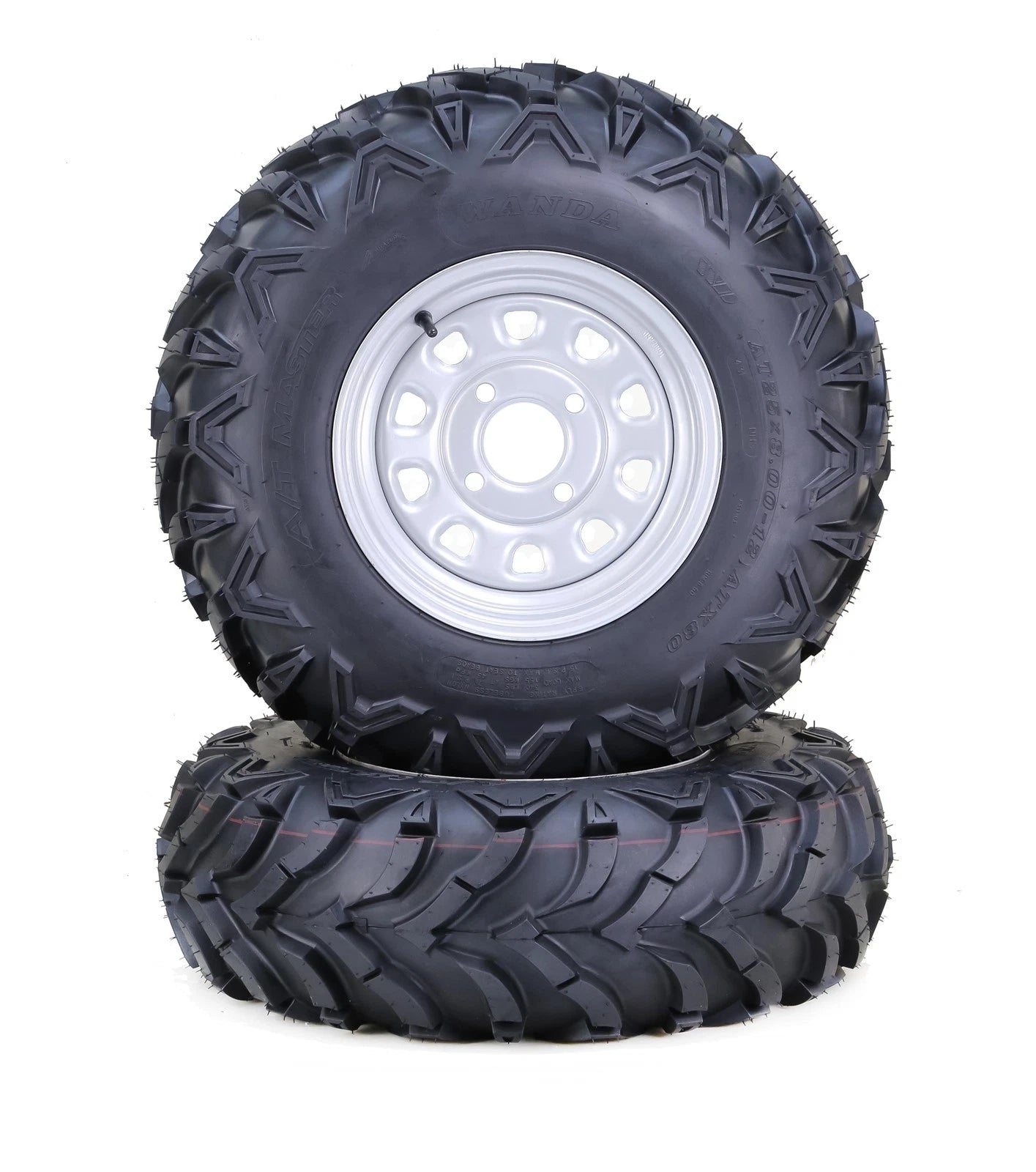Set of 2 WANDA ATV Tires & Wheels 24X8-12 Solid Mud 4-110 PCD 5+2 OS Silver