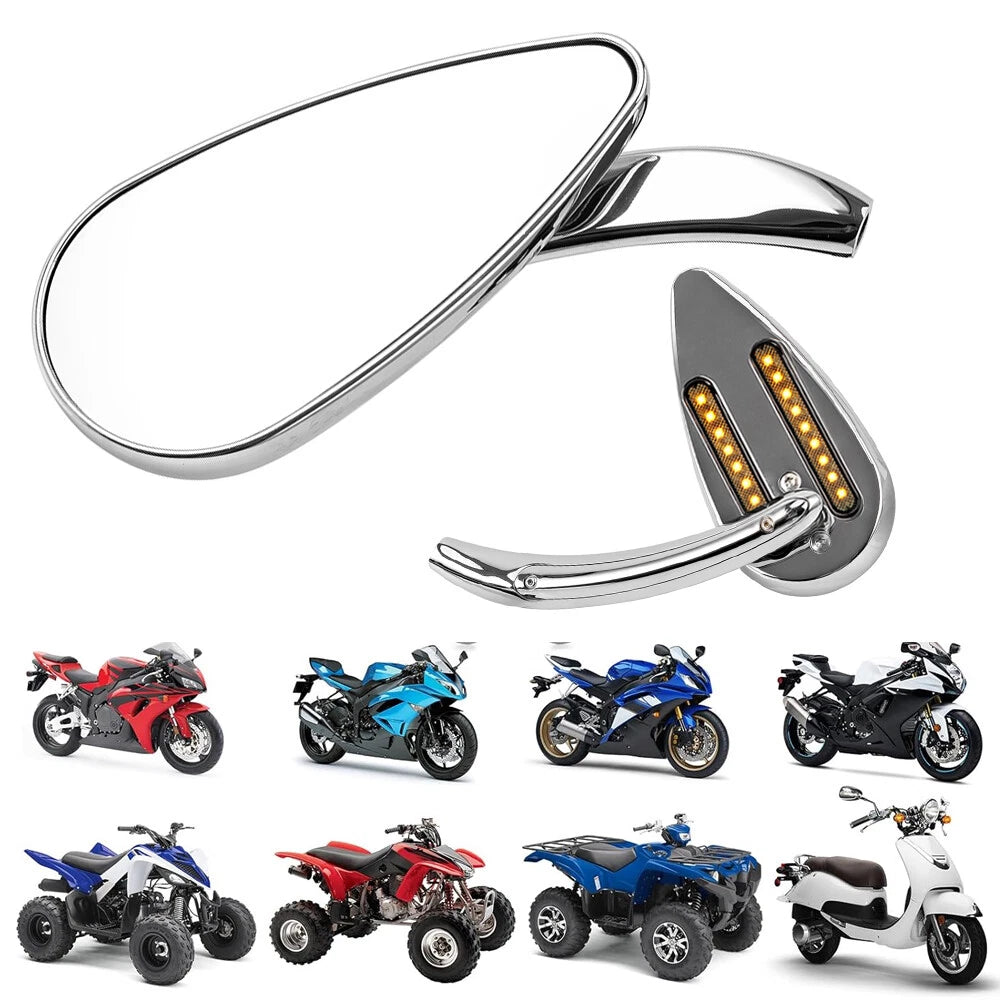 2X Chrome Rear View Side Mirrors with Amber LED Turn Signals (Universal)