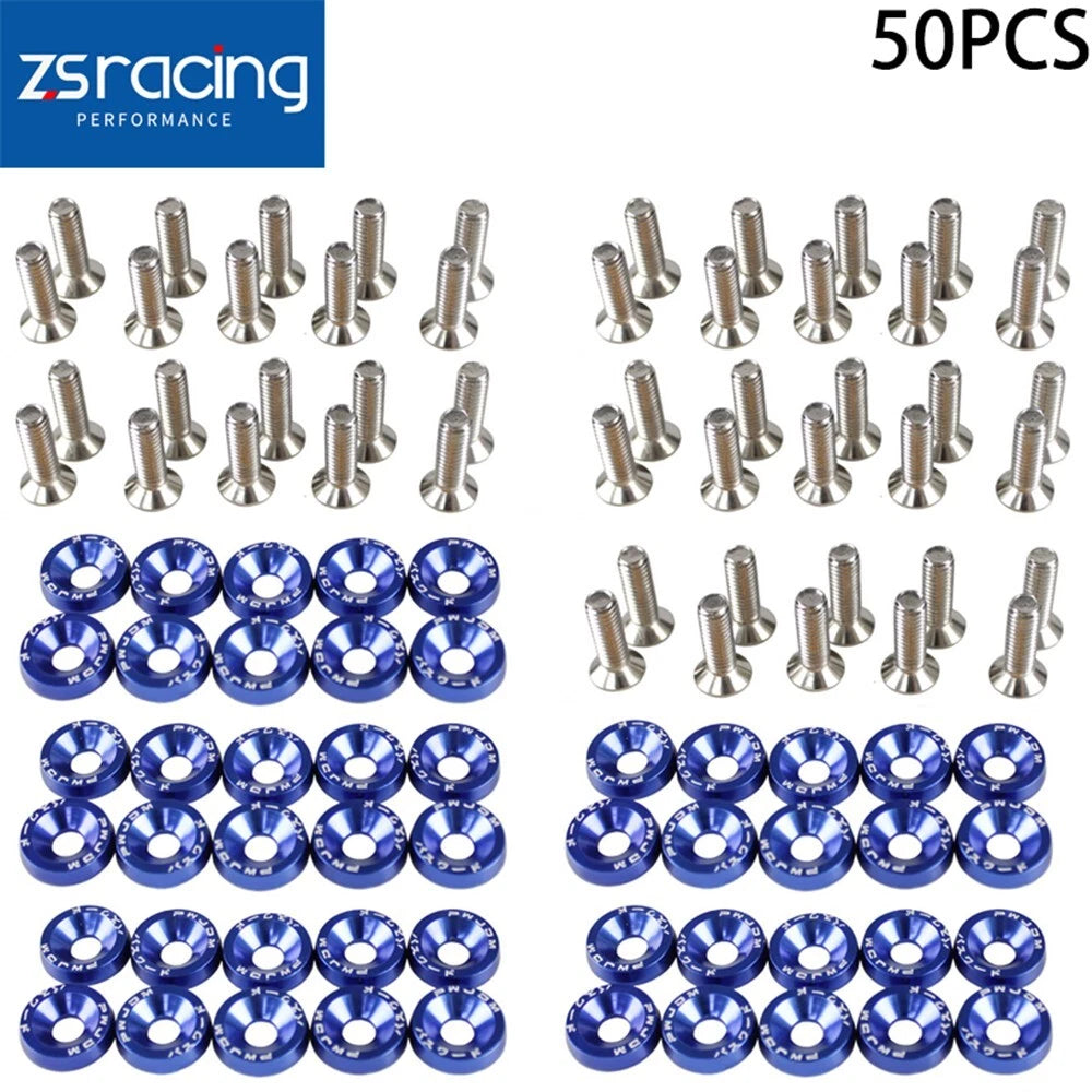 50Pcs Blue Billet Aluminum Fender Bumper Washer Dress Up Kit for JDM Vehicles