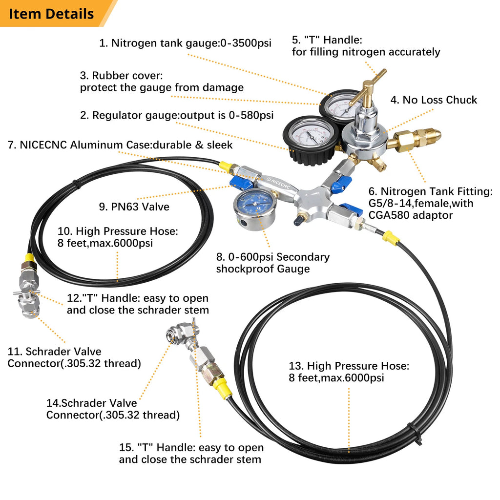 Dual 8 Feet 380psi Hose Nitrogen Shock Fill Tool for ATV UTV