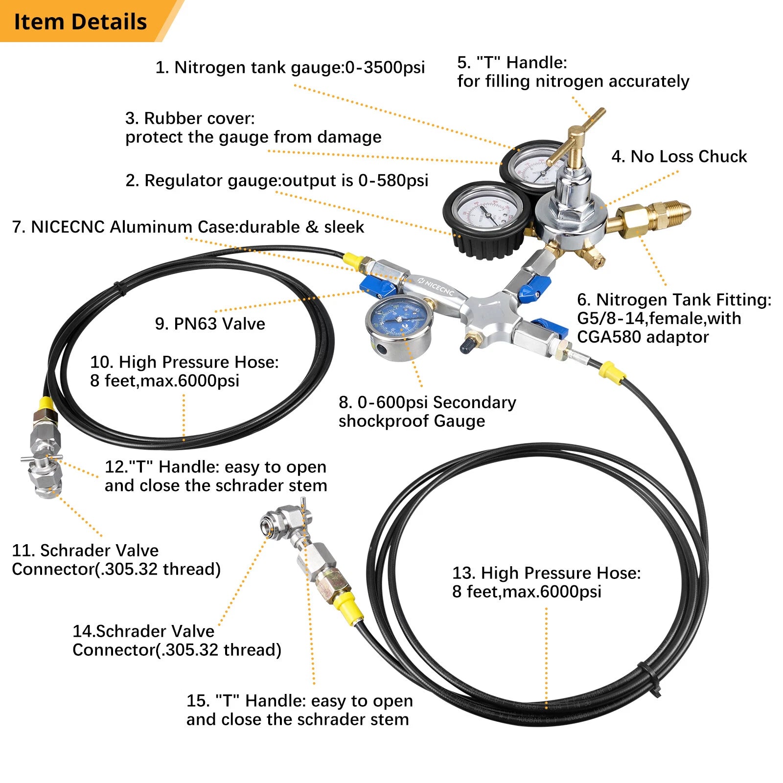 Dual 8 Feet 380psi Hose Nitrogen Shock Fill Tool for ATV UTV