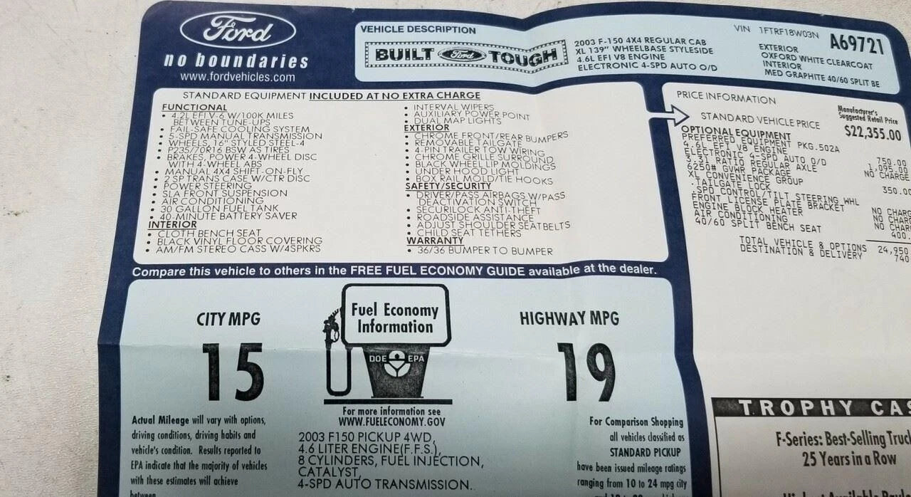 Original Dealer Window Sticker for Ford F150 (2003)