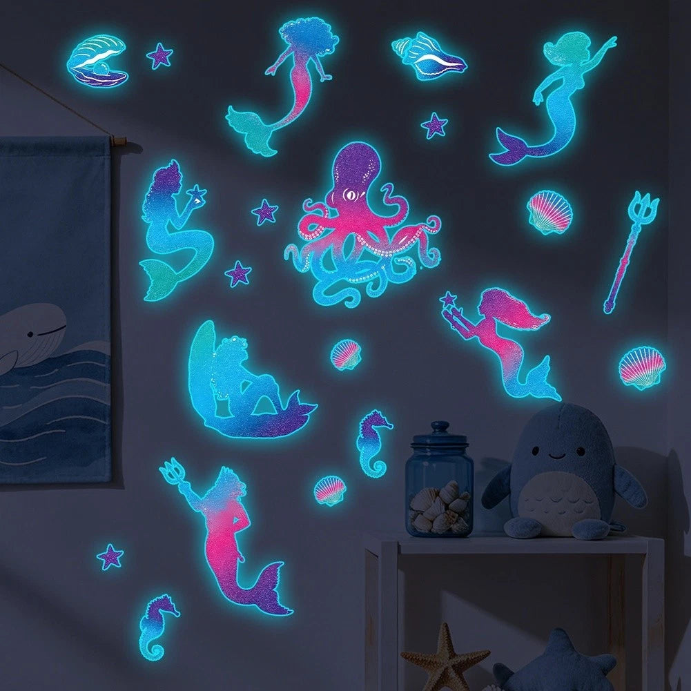 Glow in Dark Wall Sticker Sea Life Theme 25x25cm PVC for Kids Room