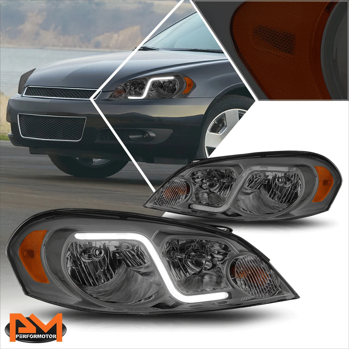 Headlight with LED DRL for Chevy Impala (2006–2016) Smoked Housing Amber Corner