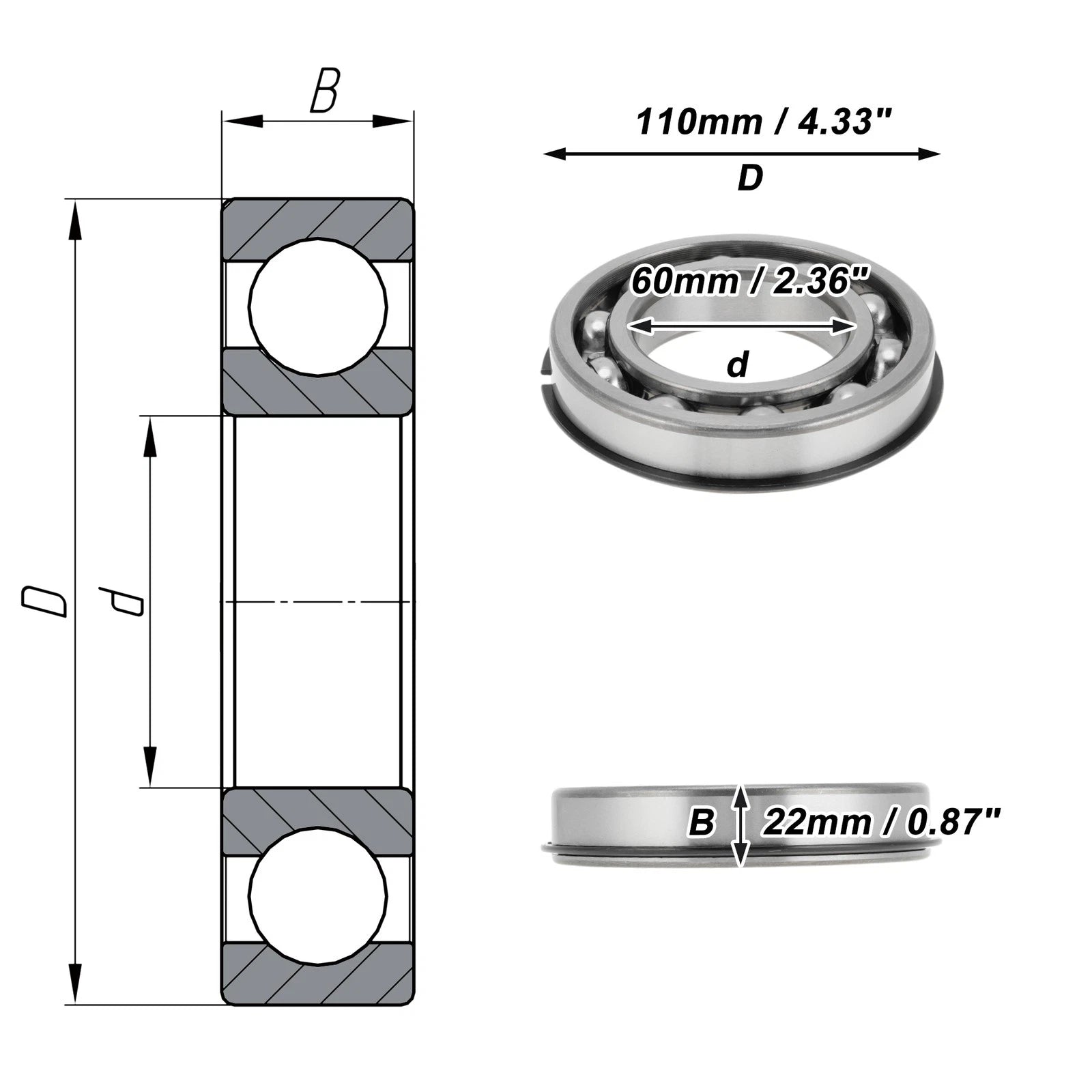 Deep Groove Ball Bearing 6212NR for Scooter Skateboard (60x110x22mm)