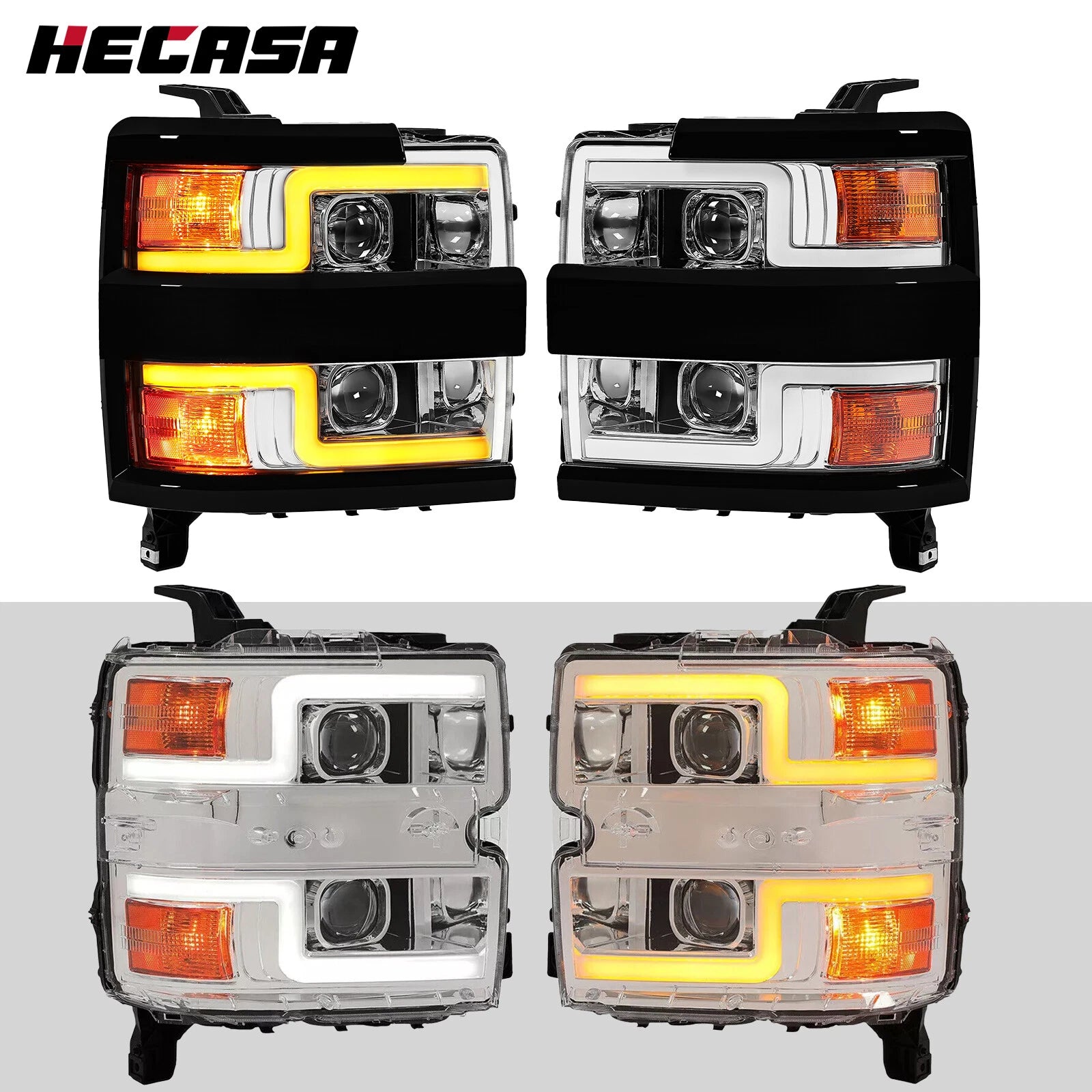 LED Projector Chrome Black Headlights for Chevy Silverado 2500HD 3500HD (2015–2019)