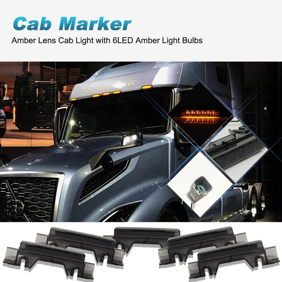 Set of 5 Smoked Lens Amber LED Cab Roof Marker Lights for Volvo VN/VNL (2003–Present)