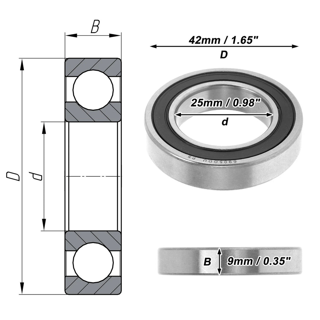 Deep Groove Ball Bearing 6905DDU for Scooter Skateboard (25x42x9mm)
