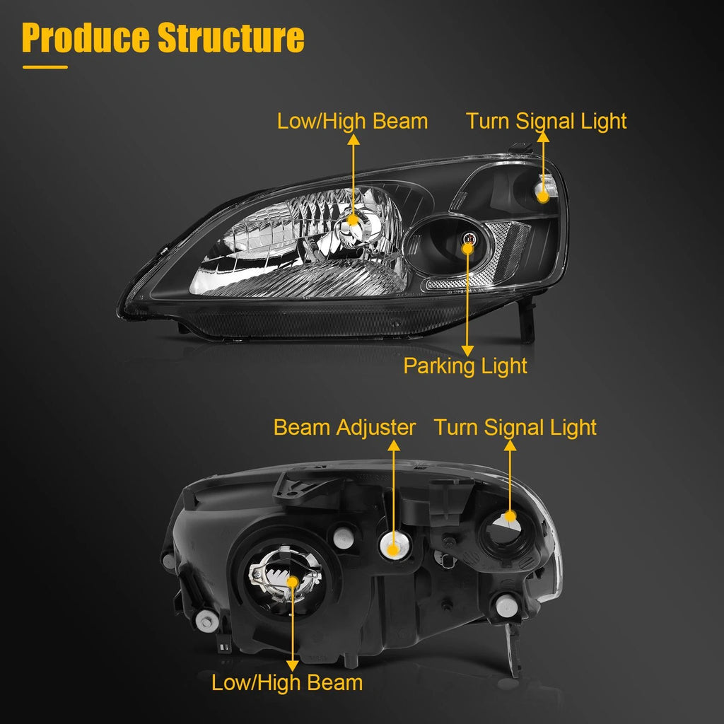Set of 2 Reflector Headlights for Honda Civic (2001–2003)