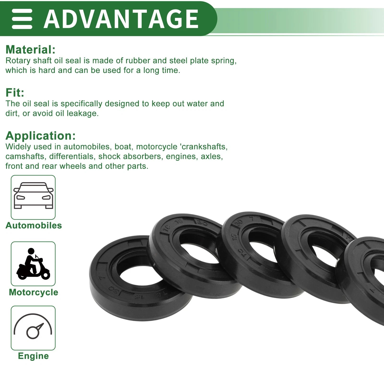 Set of 5 Oil Seal Ring for Rotary Shaft 15x30x7mm NBR Rubber