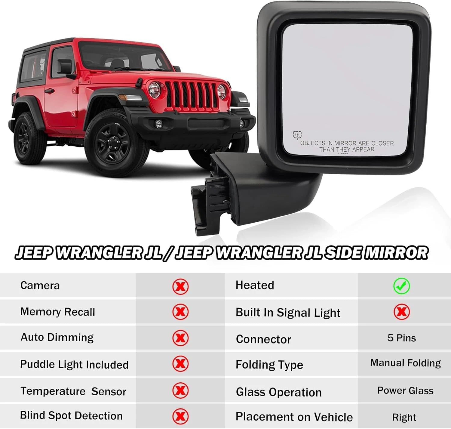 Pair Power Heated Mirrors for Jeep Gladiator Wrangler JL (2018–2023)