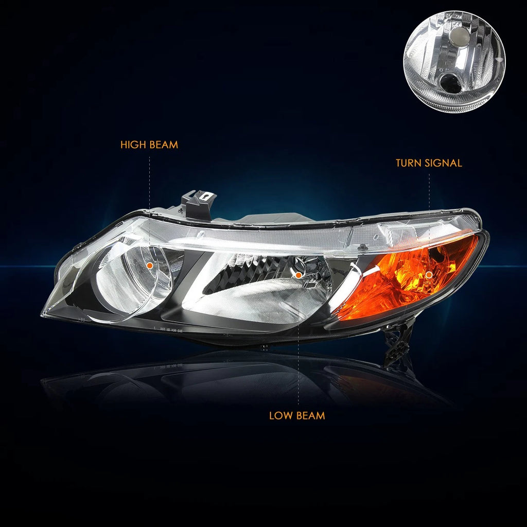 Headlight Set for Honda Civic Sedan (2006–2011) Black Housing Amber Signal