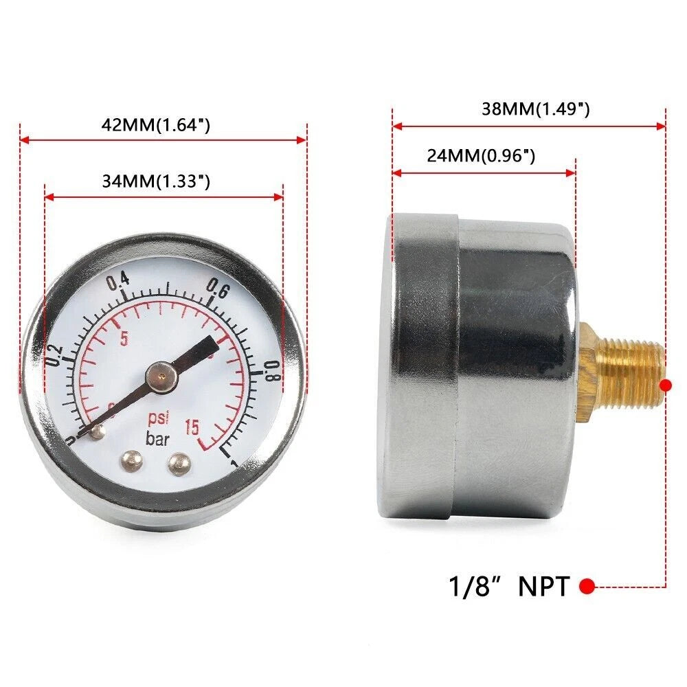 Pressure Gauge 1/8" NPT 0-15 PSI 3/8" Back Mount for Automotive Use