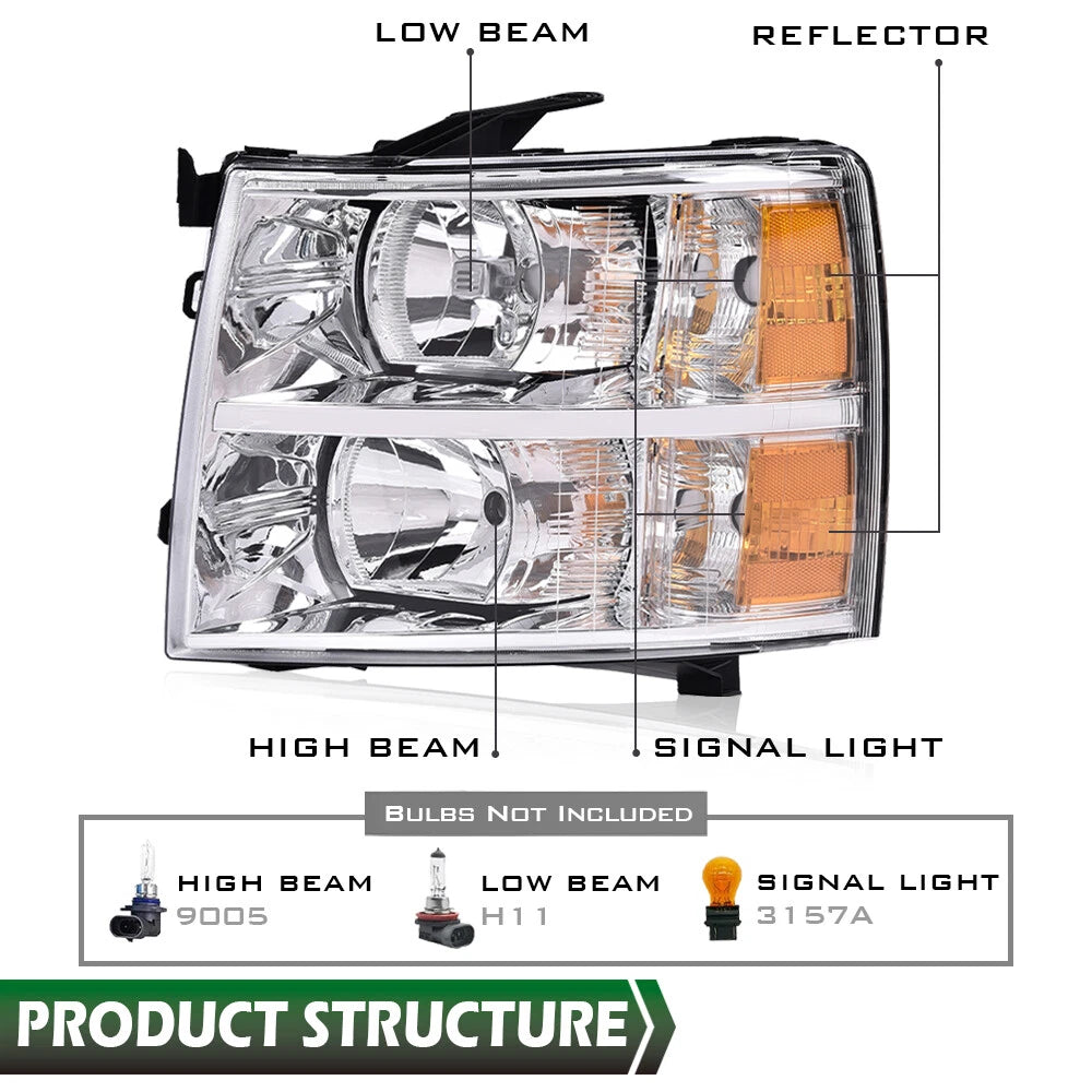 Headlight for Chevy Silverado 1500 2500HD 3500HD (2007–2014) Left Driver Side