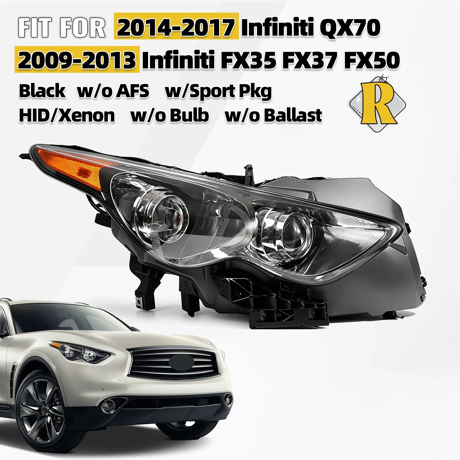 HID Headlight for Infiniti FX35 FX37 QX70 (2009–2017) Right W/o Bulb & Ballast