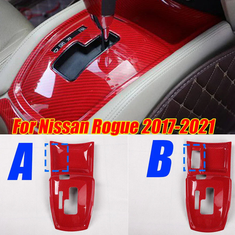 Red Carbon Fiber Gear Shift Panel Cover Trim Decor for Nissan Rogue (2017–2021)