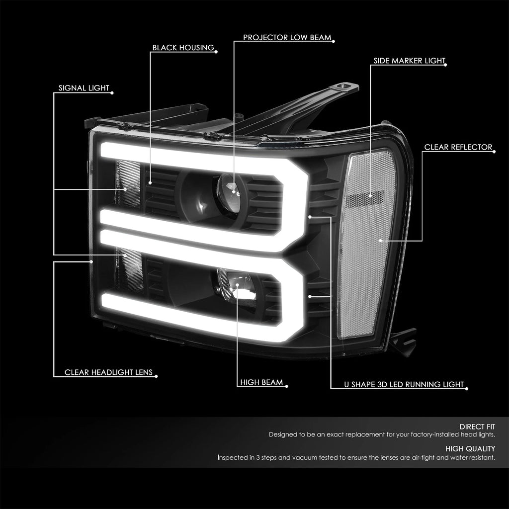 Custom LED U-Light Bar DRL Projector Headlight for GMC Sierra (2007–2014)