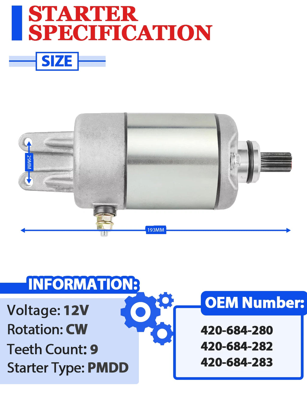 Starter Motor for Bombardier Outlander 330 2X4 4X4 (2004–2005) W/Bendix Relay