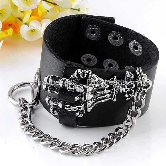 Gothic Skull Hand Link Chain PU Leather Cuff Bracelet for Unisex (2010–2023)