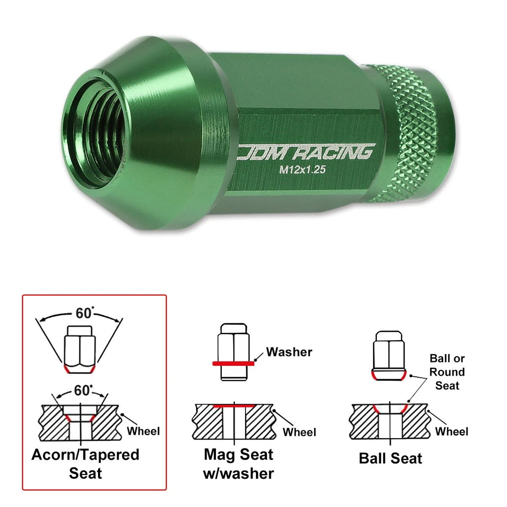 20Pc M12X1.25 Green JDM Open End Cone Hex Wheel Lug Nuts + Extension 25mmx50mm