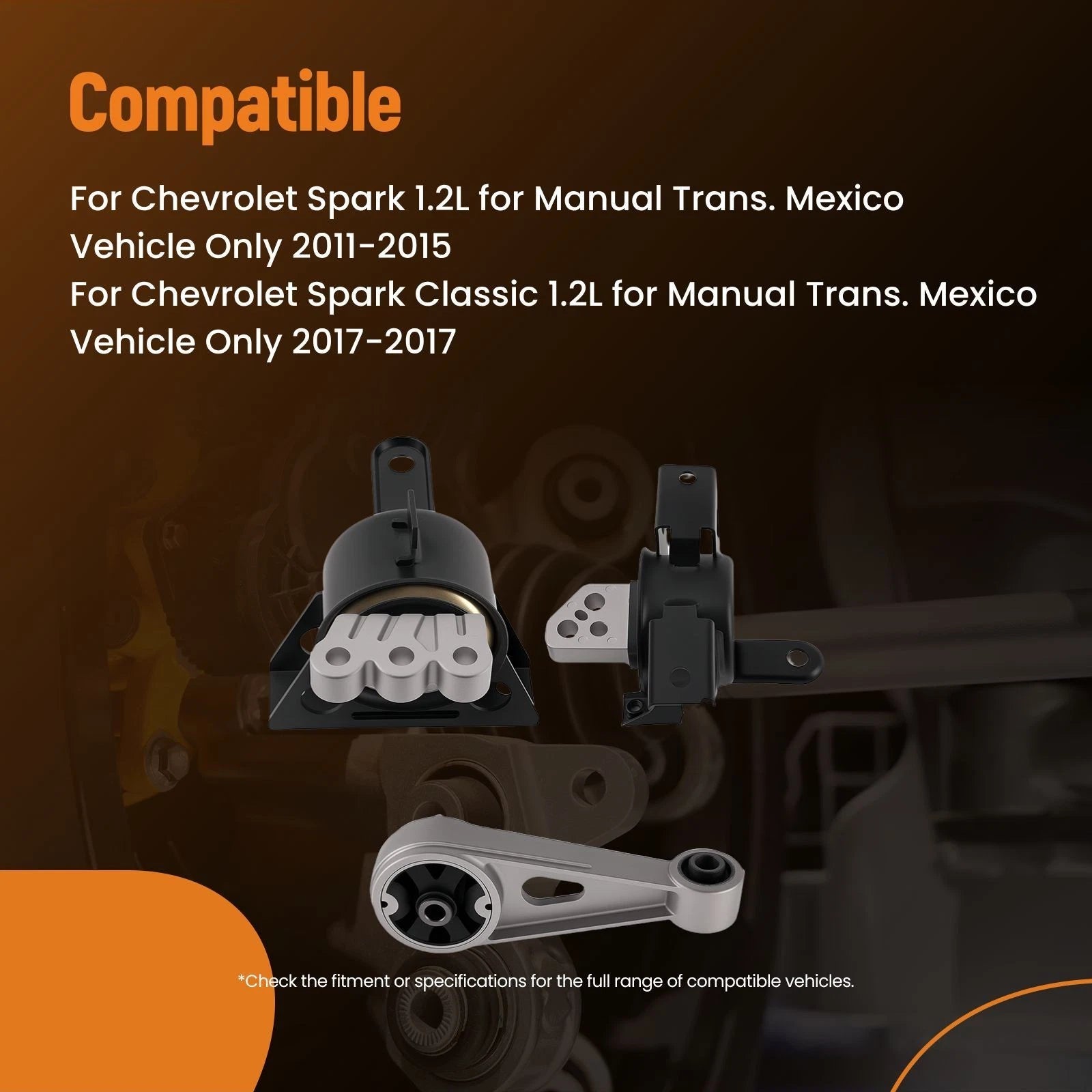 Set of 3 Engine Motor & Manual Trans Mounts for Chevrolet Spark (2011-2015)