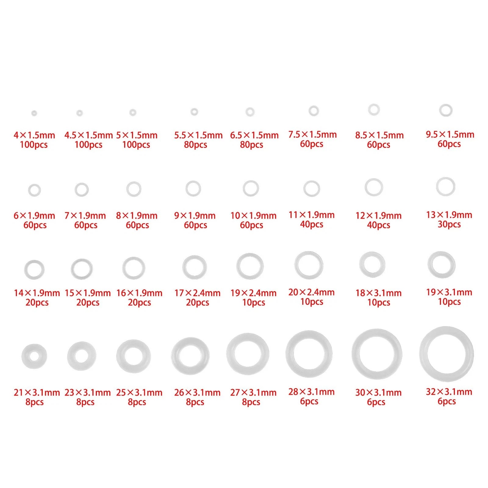 32 Size Clear Food Grade Silicone O-Ring Assortment for Various Applications (OD 4-32mm)