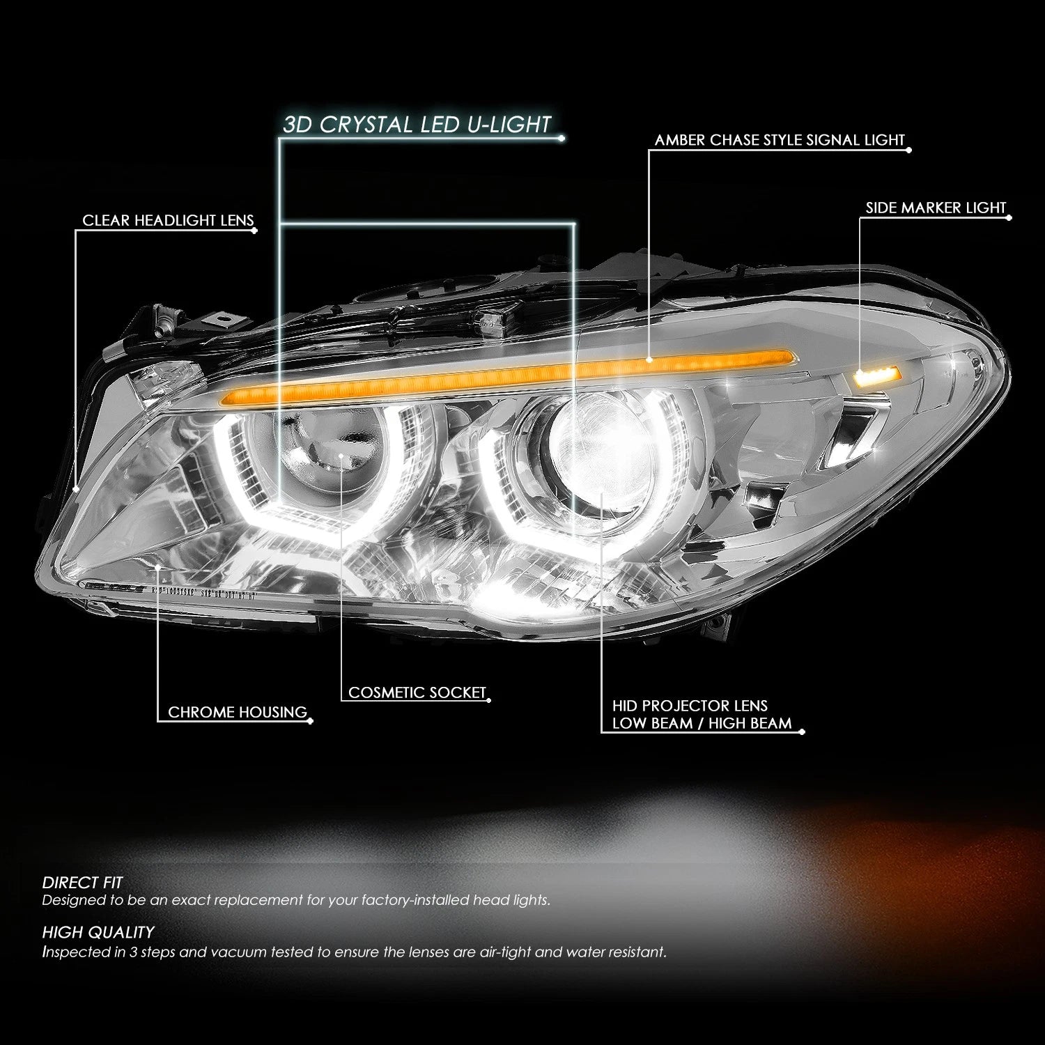 LED U-Halo DRL Sequential Signal Projector HID Headlights for BMW 3-Series (2011–2013)