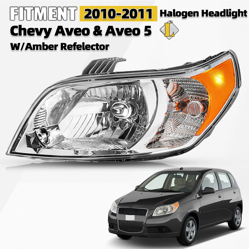 Halogen Headlight Left for Chevy Aveo 5 LS/LT (2009–2011) W/Amber Reflector