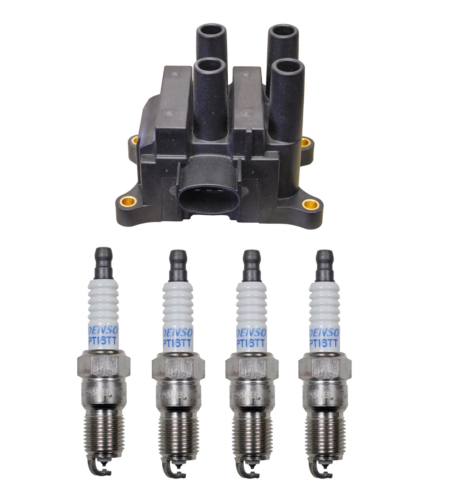 Denso Ignition Coil & 4 Platinum TT Spark Plugs Kit for Ford Mazda 2.3 L4 (2000–2023)