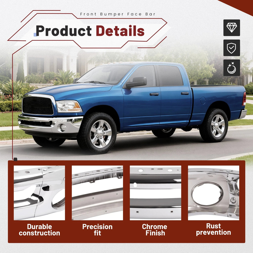 Chrome Front Bumper with Fog Light Hole for Ram 1500 2002–2008, Ram 2500/3500 2003–2009