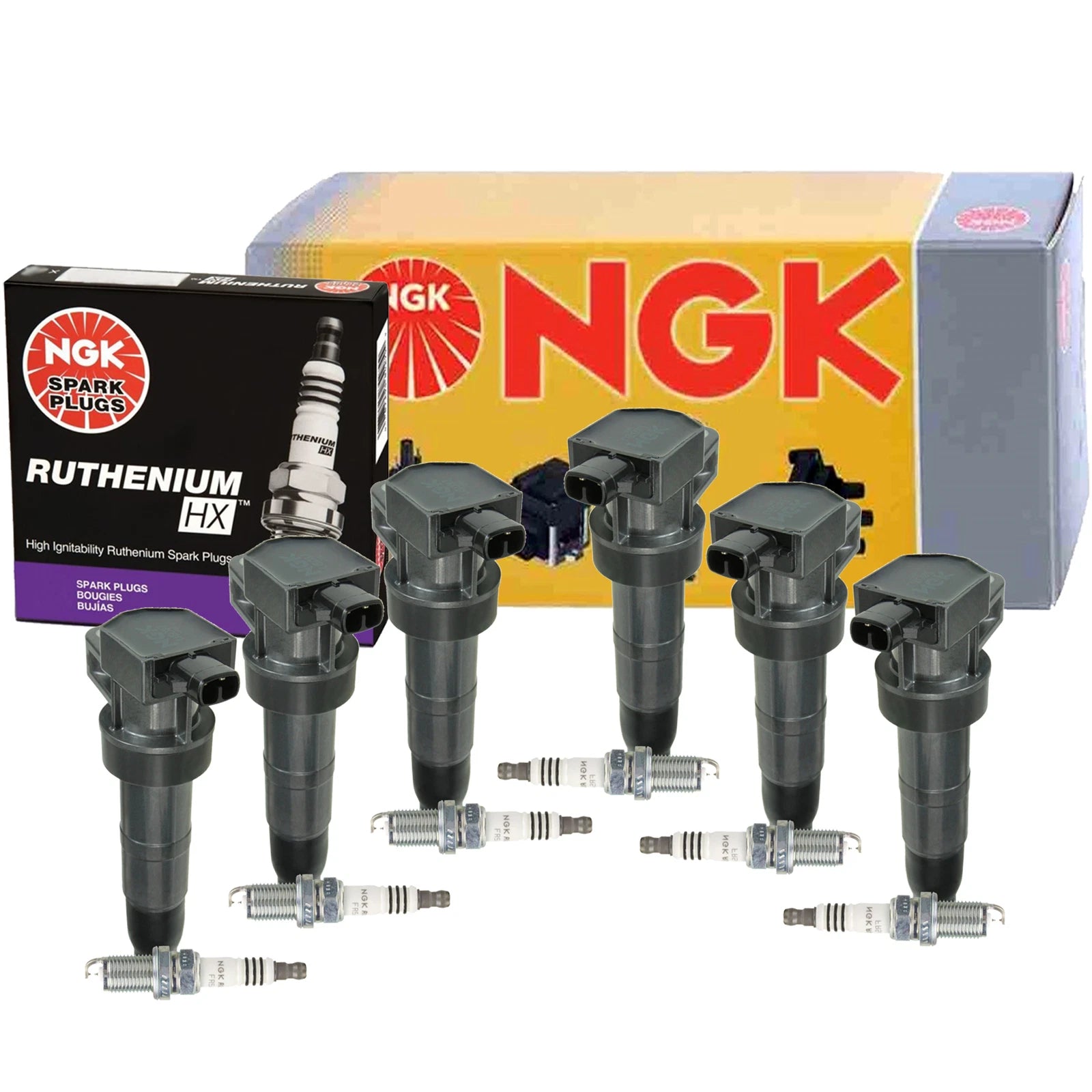 Set of 6 NGK COP Ignition Coils & Ruthenium HX Spark Plugs for Hyundai Kia V6