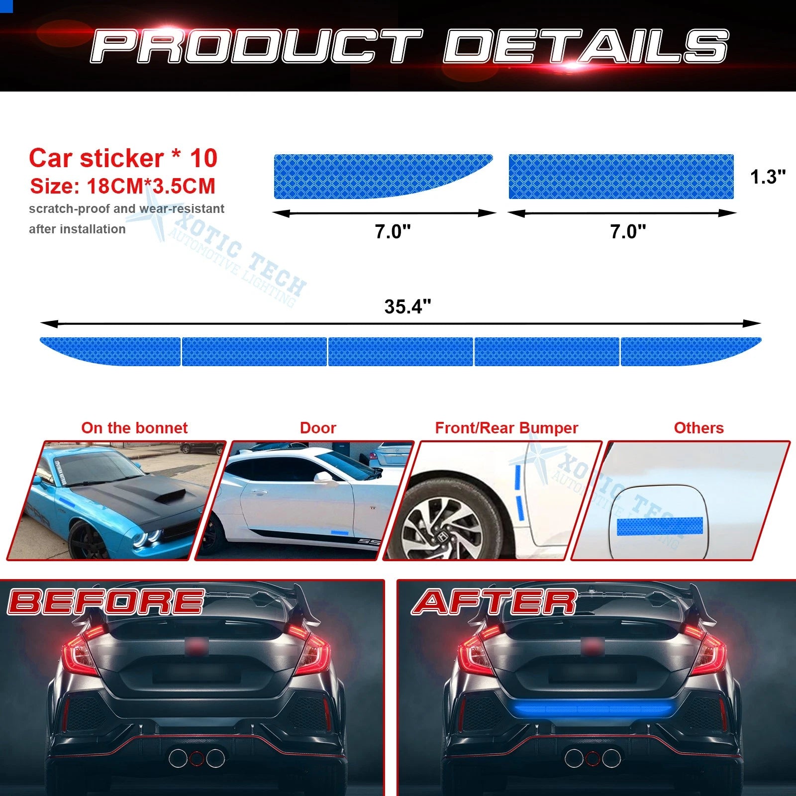 Car Strong Reflective Blue Grid Warning Fluorescent Decal Strips for Universal (35.2")