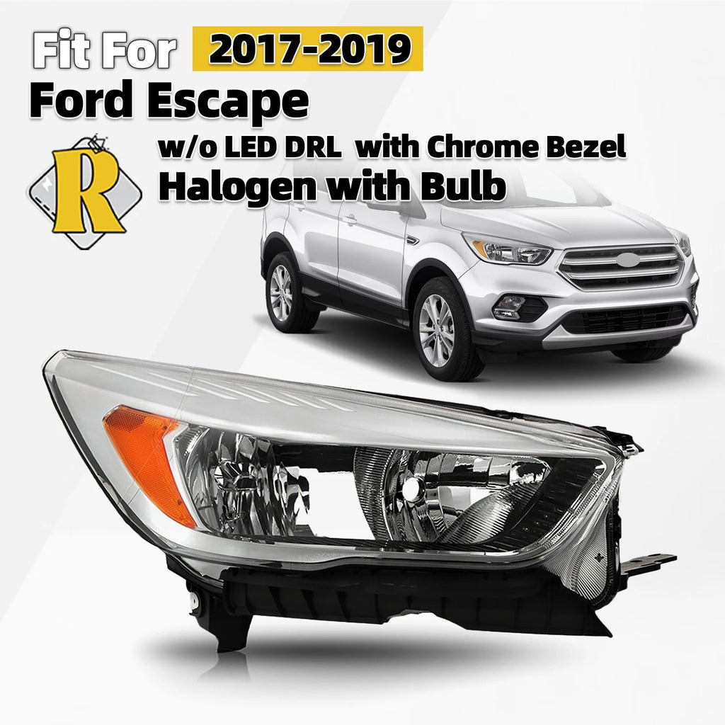 Halogen Headlight for Ford Escape (2017–2019) Right Side, Chrome, w/Bulb