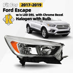 Halogen Headlight for Ford Escape (2017–2019) Right Side, Chrome, w/Bulb