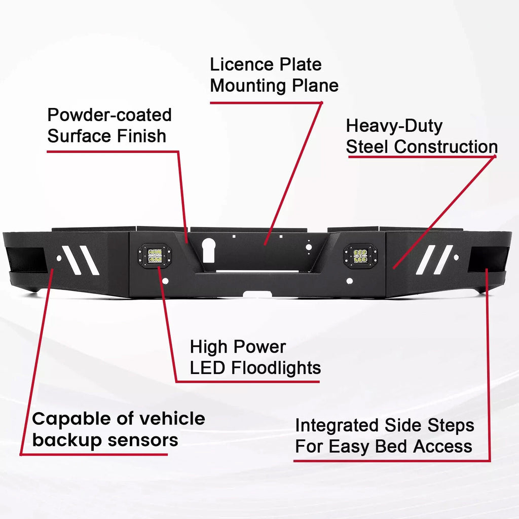 Rear Bumper for Dodge Ram 2500 3500 (2010-2024) with LED Lights, Steel