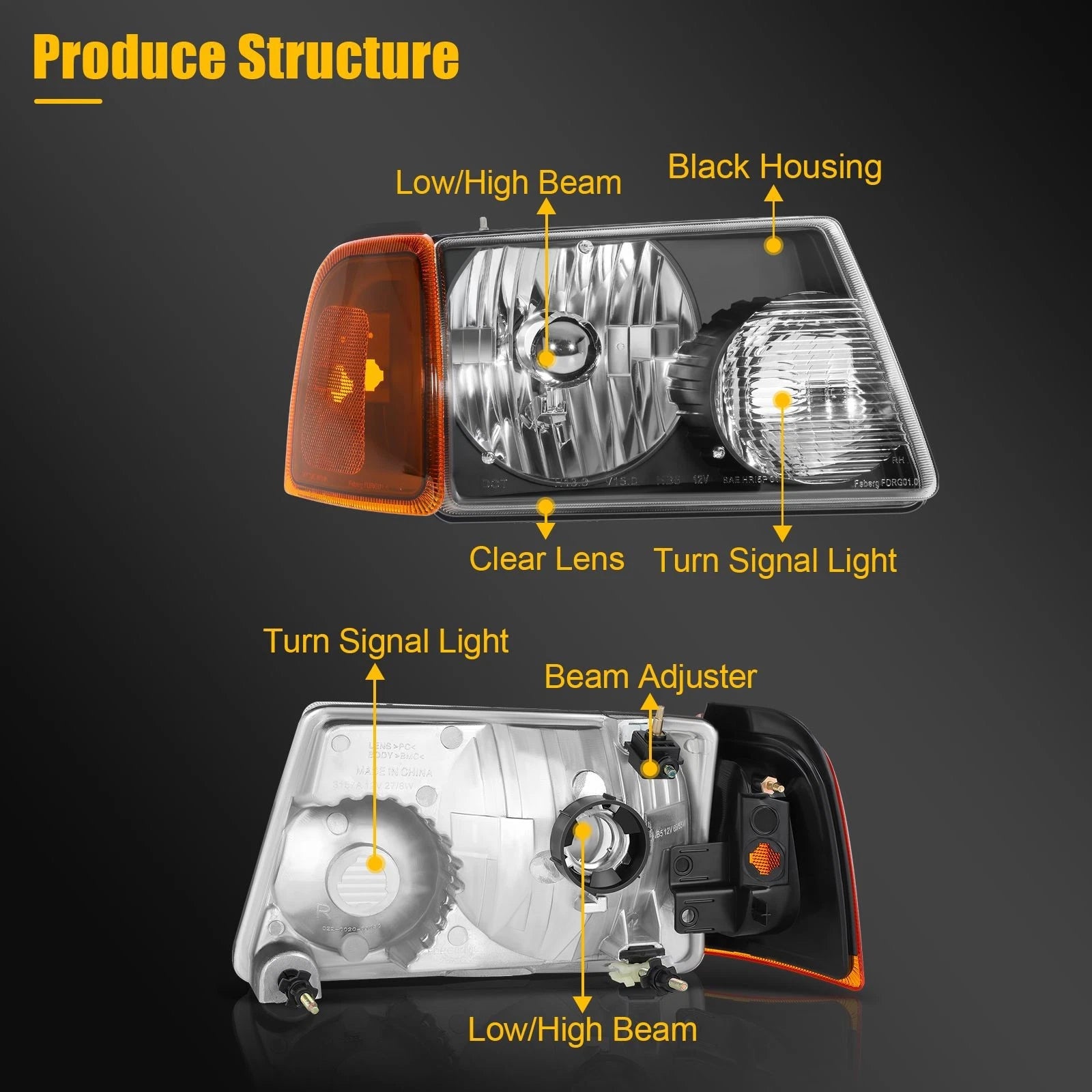 Headlight Assembly Pair for Ford Ranger (2001–2011) Black Housing Amber