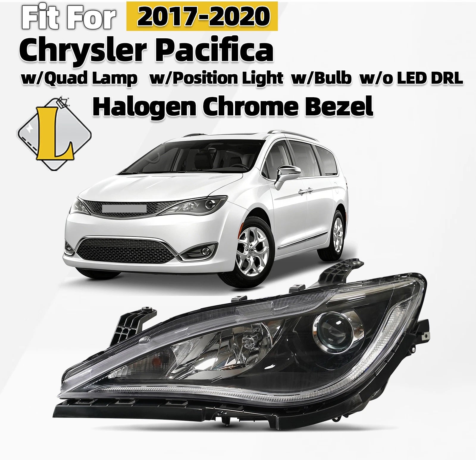 Halogen Projector Headlight for Chrysler Pacifica (2017–2020) Left LH, Chrome Bezel